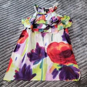 Karen Kane Purple and Red Floral Blouse with Artistic Neckline